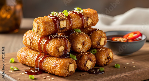 Crispy Tofu Spring Rolls with Sweet Chili Sauce and Sesame Seeds.