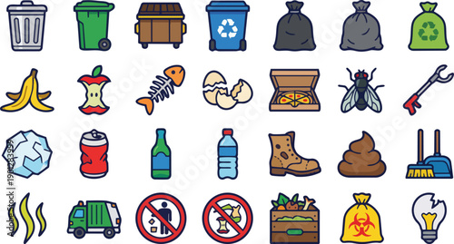 Diverse Set of Waste Management Recycling and Garbage Icons on a Clean Background