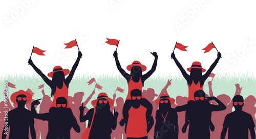 Silhouettes of enthusiastic festival attendees celebrating wildly, waving numerous small red flags high above the crowd in excitement