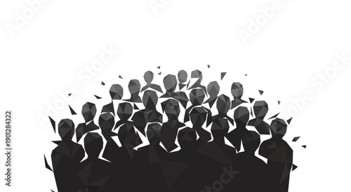 Abstract low poly silhouette representation of a diverse crowd or gathering of people dissolving into small geometric fragments against a white void.