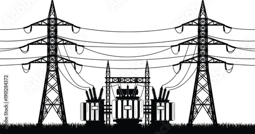 High voltage electric power substation vector illustration featuring transmission towers and energy infrastructure silhouettes in black flat style for industrial design projects