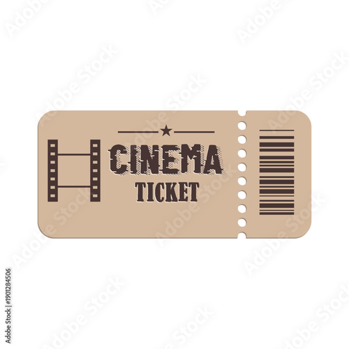 Vintage cinema ticket design with film strip and barcode on aged paper background