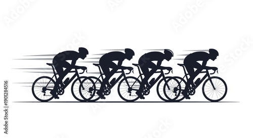 A striking silhouette graphic capturing four dedicated cyclists fiercely competing together in a tight, high-speed professional road race event