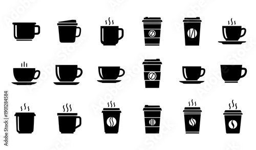 Flat coffee cup icon set with hot drink symbols including tea disposable and steaming cups