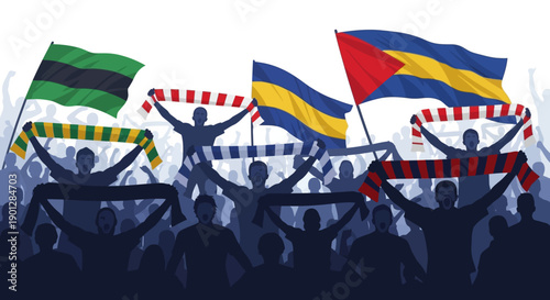 Passionate sports fans creating an electric atmosphere while waving colorful team flags and holding up celebratory striped scarves in unison