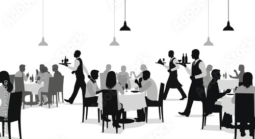 Stylized silhouette graphic depicting busy restaurant service with attentive waiters serving patrons seated at dining tables under hanging pendant lights.