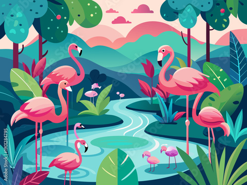 seamless pattern with pink flamingos