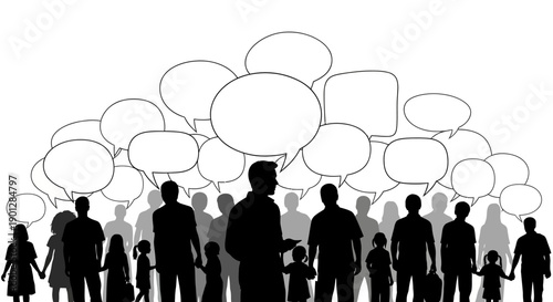 Silhouette of diverse crowd figures standing beneath numerous empty speech bubbles symbolizing collective communication, dialogue, and diverse public opinions effectively shared.