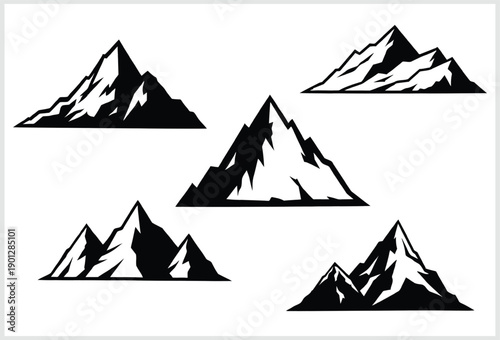 Collection of five black and white mountain silhouettes