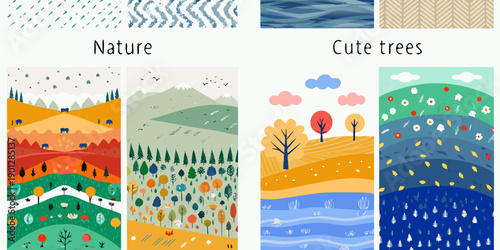Colorful nature scenes with trees mountains and varying weather patterns
