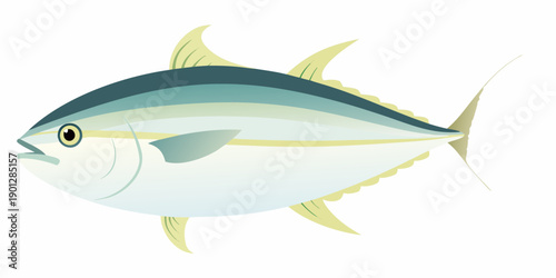 A detailed illustration of a bluefin tuna swimming in a light blue environment