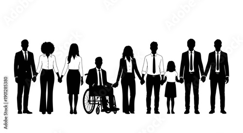 Diverse group of professionally dressed individuals, including people with disabilities and children, standing united while holding hands together in solidarity.
