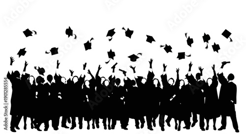 Silhouette of diverse graduates celebrating academic achievement by joyfully tossing their traditional mortarboard caps high into the bright white sky