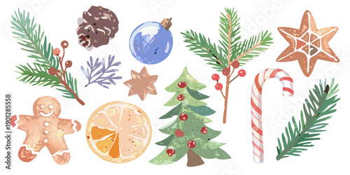 Watercolor christmas decorations including pine branches gingerbread and festive ornaments