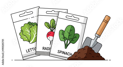 Gardening Seed Packets Illustration: Lettuce, Spinach, Radish, Soil, and Trowel Outline Graphic