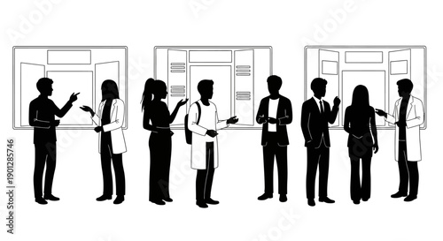 Diverse group of professionals and scientists engaging in discussion near informational display boards illustrating academic or business presentations.