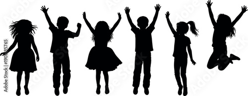 Black silhouettes of happy diverse children jumping with joy isolated on white background vector illustration.