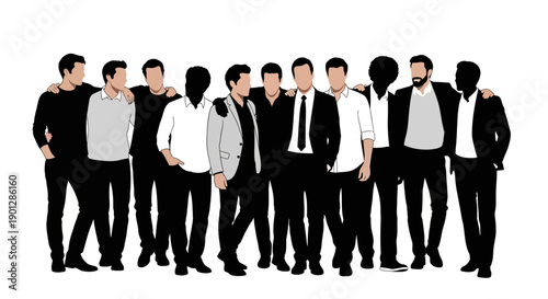Diverse group of ten men standing together with arms around each other shoulders signifying partnership, teamwork, success, and male bonding in formal attire.