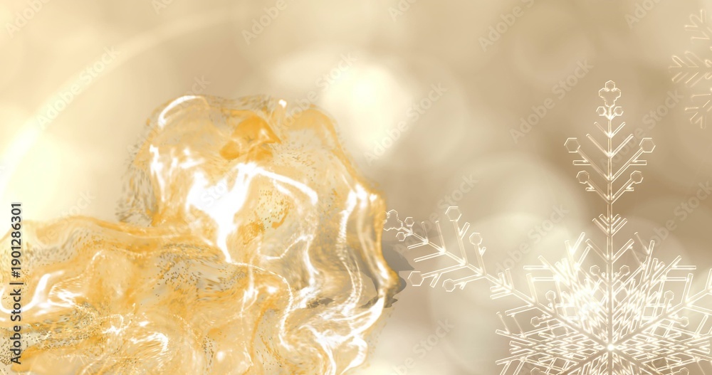 Naklejka premium Featuring shiny golden liquid form reflecting light with glitter, bokeh in studio, snowflake motifs