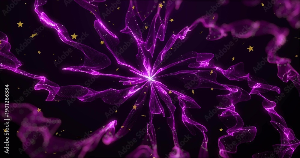 Fototapeta premium Radiating sheer purple filaments spiraling from central bright point in cosmic void, gold stars
