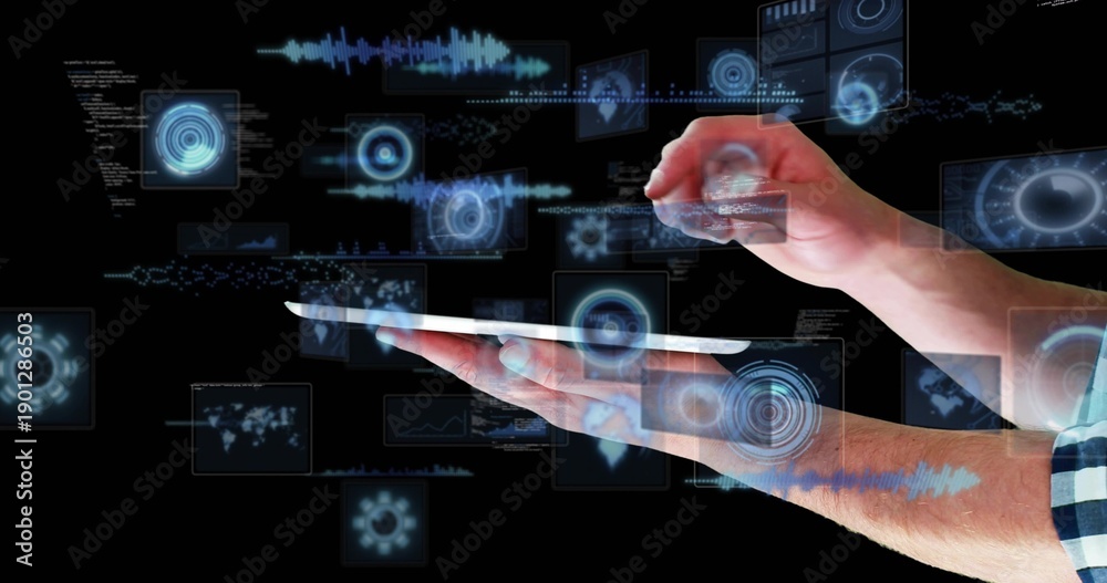 Naklejka premium Holding white tablet flat, hands in rolled checked shirt supporting and pinching hologram in studio