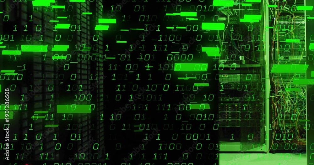 Fototapeta premium Showing open server cabinet with bundled cables green binary overlay in server aisle, copy space