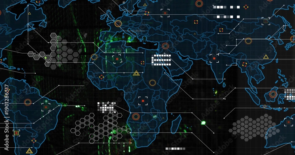 Naklejka premium Displaying neon world-map dashboard on control screen, showing hex-tiles, data-blocks, signals