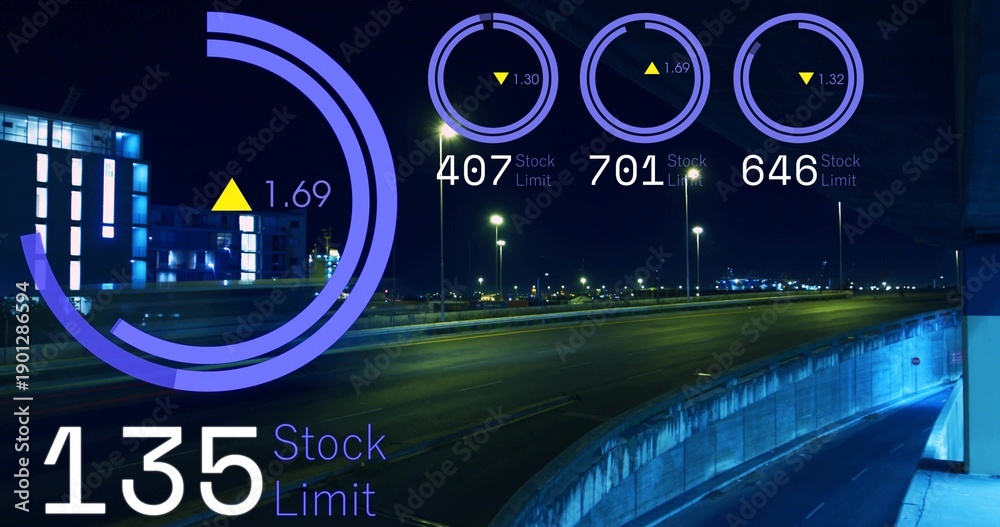 Fototapeta premium Projecting large purple HUD overlay showing 135 Stock Limit on left night highway with ramp