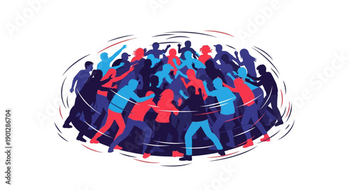 Stylized silhouette crowd illustration depicting chaotic human interaction within a swirling vortex of energetic motion and color contrast