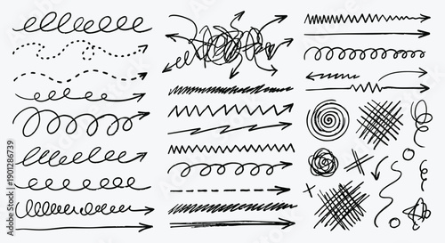 Hand drawn arrow doodles and scribble elements in a black and white chaotic sketch style. A vector illustration set for creating presentations, mind maps, and creative design projects.