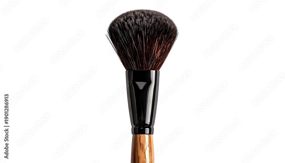 Fototapeta premium Close-up of a makeup brush with dark bristles, a black ferrule, and a wooden handle