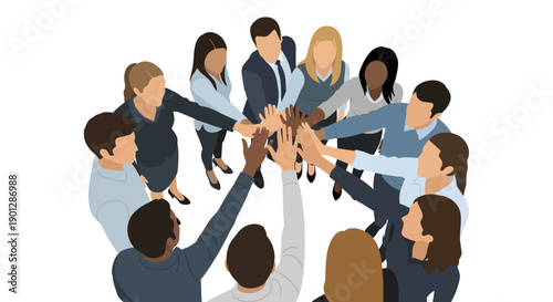 Diverse group of business professionals standing in a circle with hands stacked together in the center symbolizing unity and teamwork success