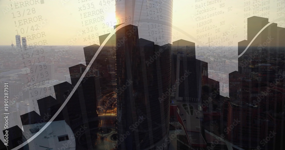 Fototapeta premium Displaying tower cluster at sunset on roof in downtown, showing white line and ERROR overlay