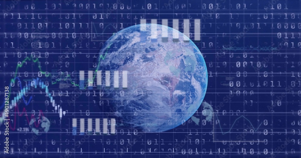 Fototapeta premium Rotating Earth globe showing binary, line charts, candlesticks, numeric labels on data dashboard