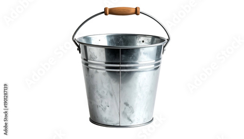 Shiny, metallic bucket with a wooden handle, isolated on a transparent background