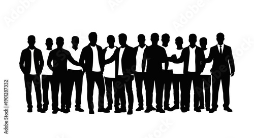 A diverse group of male business professionals and casual workers standing together as a united team silhouette for corporate representation.