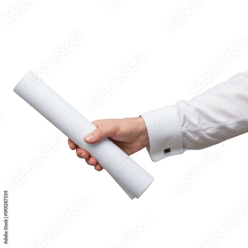 A hand holding a rolled up white paper against a plain white background. isolated on transparent background