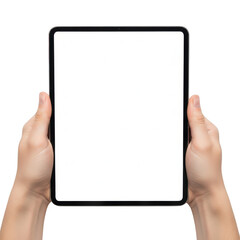 Hands holding a blank tablet with a white screen and black border. isolated on transparent background
