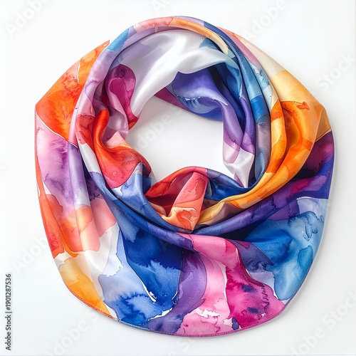 Vibrant watercolor infinity scarf artfully arranged against a pristine white background