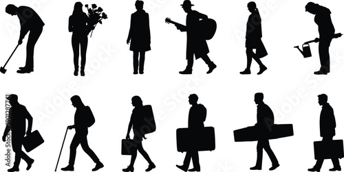 Diverse collection of black silhouettes featuring people gardening, walking with suitcases, playing guitar, carrying flowers, traveling, and commuting isolated on a clean white background