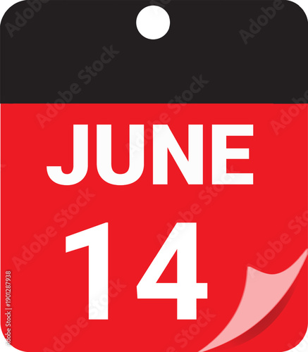 14 June Calendar Date Icon Red and White Minimal Vector Illustration