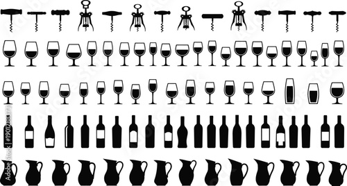 WebLarge Collection of Wine Bottle Glass Corkscrew and Pitcher Silhouettes Featuring Various Barware Icons Isolated on White Background for Restaurant Menu and Kitchen Graphic Design