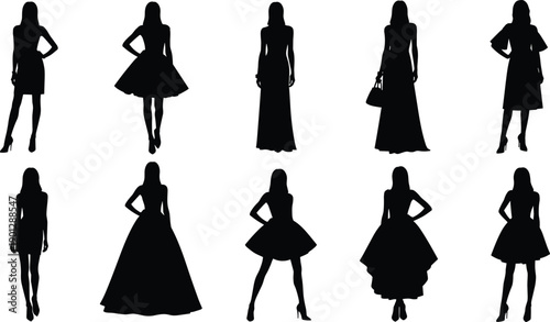 WebLarge Vector Collection of Elegant Female Fashion Model Silhouettes Wearing Evening Gowns and Stylish Dresses in Professional Poses for Runway Glamour and Haute Couture Presentations