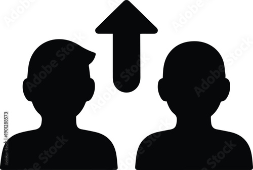 Black silhouette icon of two people with upward arrow between them vector illustration