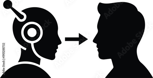Black Silhouette of Robot Head Facing Human Head with Arrow on White Background technology