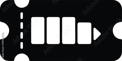 Black ticket with four white bars and a play button icon coupon voucher