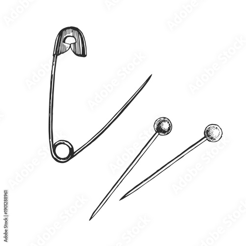 Safety pin and sewing heads sketch vector. Hand-drawn tailor fasteners in vintage ink style.