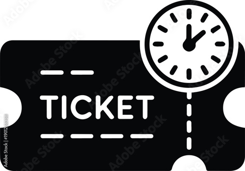 Black ticket with the word TICKET and a clock face icon admission entry