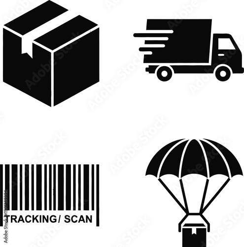 Logistics and shipping icon set featuring cardboard box, fast delivery truck, barcode tracking scan, and air drop parachute package, ideal for e-commerce, supply chain and global distribution