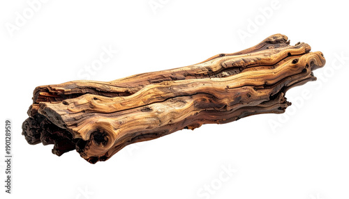 Weathered driftwood log, isolated on black, showing wood grain, knots, and textures